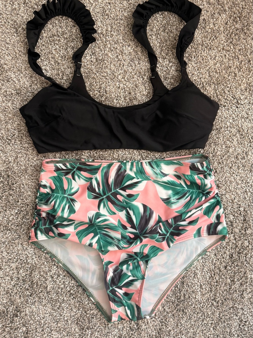 aerie 😎 Black Scoop Bikini with Tropics High-Waist High Rise Med Bottom & Med